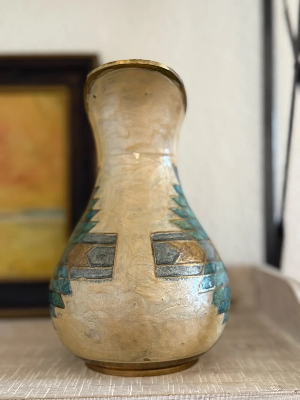 Vintage Brass Turquoise and Gold Geometric Pitcher Vase - Picture 3 of 7